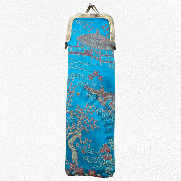 Vintage 1950s Asian Brocade Vanity Case w/ Comb & Mirror Blue Pagoda Design - Picture 1 of 9